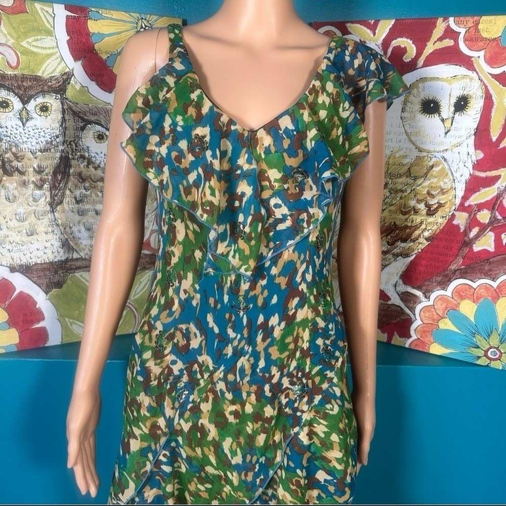 Robbie Bee Maxi Dress Women's Size 8 Ruffle Green Blue Abstract Print Tiered - Picture 2 of 12